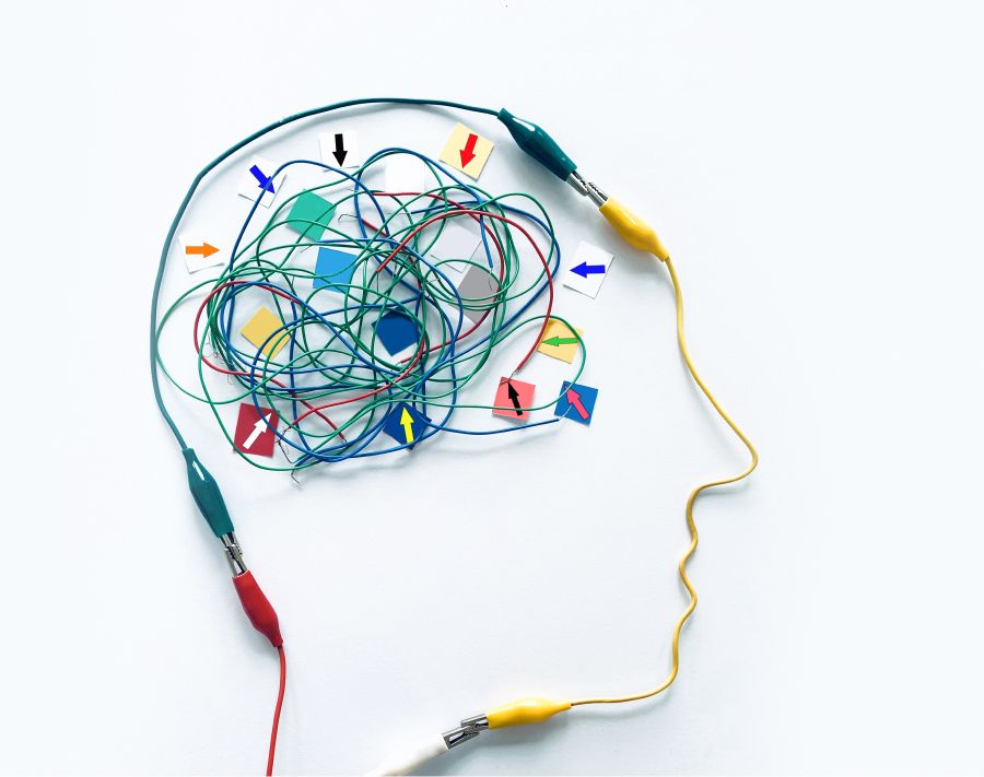 Profile of a face and brain made of tangled wires