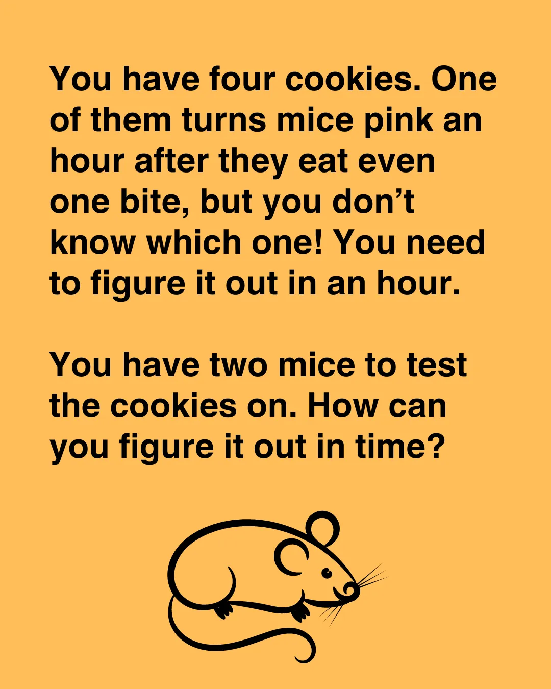 You have four cookies. One of them turns mice pink an hour after they eat even one bite, but you don’t know which one! You need to figure it out in an hour.