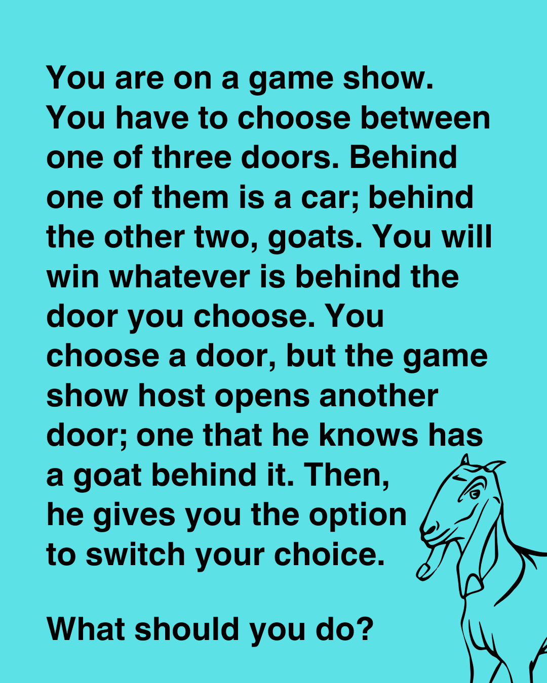 You are on a game show. You have to choose between one of three doors. Behind one of them is a car; behind the other two, goats.